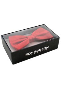 Red bow tie in a plastic display box. Features a textured fabric with a classic shape, accompanied by a black box with brand name "ROY ROBSON."