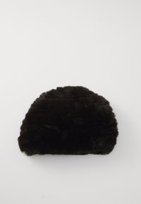 Soft, black, half-moon shaped faux fur cushion with a plush, dense texture on a plain white background.