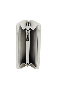 Portafoglio bianco con zip a tutto tondo, dalla texture liscia, dotato di numerosi scomparti per carte e di una tasca centrale con zip per monete o piccoli oggetti.