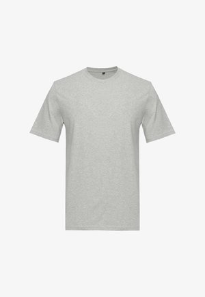 T-shirt grigio a maniche corte realizzato in tessuto morbido, con scollo rotondo e un design semplice, privo di motivi o decorazioni.