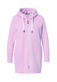 Haut de sweat à capuche zippé de couleur mauve clair, avec deux poches avant, une capuche à cordon de serrage et des manches longues. Fabriqué en matériau doux avec une texture lisse.
