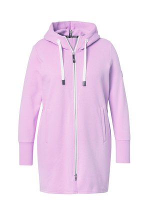 Lichtpaarse ritshoodie met twee zijzakken, een capuchon met trekkoord en lange mouwen. Gemaakt van zacht materiaal met een gladde textuur.