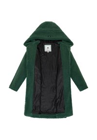Manteau en polaire vert avec capuche, présentant une texture douce, des manches longues et une doublure noire. Comprend une étiquette à l'intérieur avec les détails de la marque.