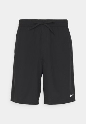 Schwarze Sportshorts aus leichtem Material, mit einem elastischen Bund und Kordelzug, sowie einem kleinen weißen Nike-Logo auf der unteren linken Seite.