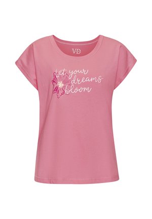 Rosa Baumwoll-T-Shirt mit kurzen Ärmeln, das ein florales Grafikdesign und den Text "Lass deine Träume blühen" in weißer Kursive zeigt.