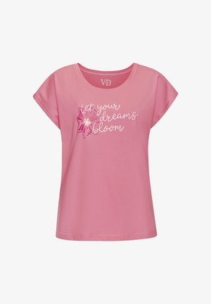 Rosa Baumwoll-T-Shirt mit kurzen Ärmeln, das ein florales Grafikdesign und den Text "Lass deine Träume blühen" in weißer Kursive zeigt.