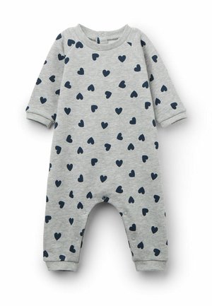 Combinaison en coton gris avec un motif de cœurs navy, manches longues, poignets côtelés et fermeture à pression en bas pour un habillage facile.