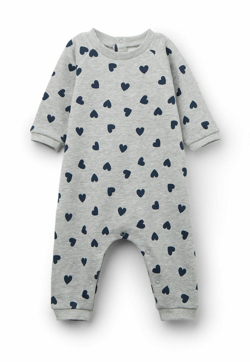Grau gewechselter Jumpsuit aus Baumwolle mit navyblauem Herzmuster, langen Ärmeln, gerippten Bündchen und Druckknopfverschluss am unteren Ende für einfaches Ankleiden.
