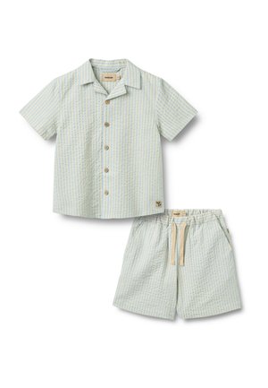 Lyseblå og beige stribet kortærmet skjorte med knapper og matchende shorts med snøre, sommeroutfit til børn.