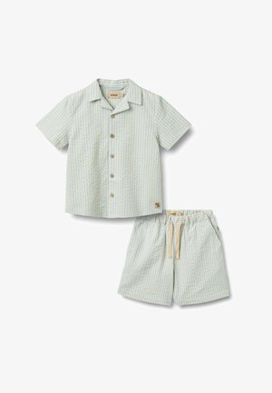 Camisa de manga corta con botones a rayas en azul claro y beige, y pantalones cortos a juego con cordón, conjunto de verano para niños.