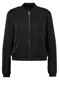 Black bomber jacket with a smooth satin finish, zip front closure, ribbed cuffs and hem, and two side pockets.
