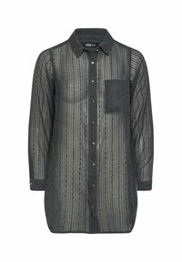 Zwarte, doorschijnende button-up shirt met verticale strepen en textuurlagen. Heeft een borstzak en lange mouwen met knoopmanchetten.