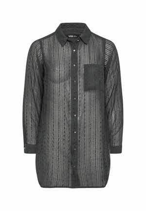 Zwarte, doorschijnende button-up shirt met verticale strepen en textuurlagen. Heeft een borstzak en lange mouwen met knoopmanchetten.
