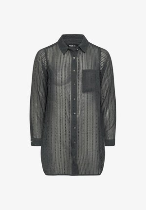 Zwarte, doorschijnende button-up shirt met verticale strepen en textuurlagen. Heeft een borstzak en lange mouwen met knoopmanchetten.
