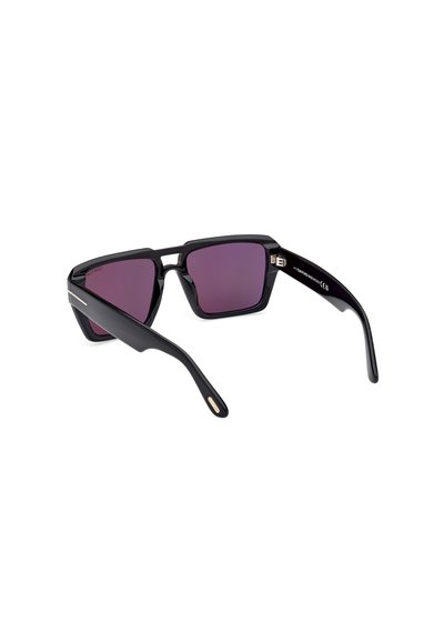 Black rectangular sunglasses with dark purple lenses, featuring a matte finish, square frames, and gold accents on the temples.