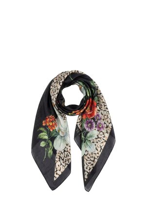 Sciarpa di seta nera con bordo a stampa leopardata beige e motivi floreali colorati in rosso, arancione, viola e bianco.
