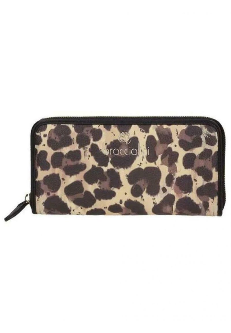 Leopardprint ritsportemonnee in beige en bruine tinten, met een zwarte rits en logo-accent aan de voorkant. Gestructureerd synthetisch materiaal.