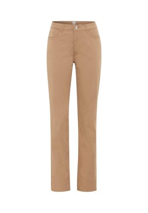 Hellbraune, gerade geschnittene Hose mit vorderen Taschen, Gürtelschlaufen und einem Verschluss mit Knopf und Reißverschluss, dargestellt vor weißem Hintergrund.