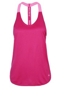 Haut de sport sans manches rose vif avec bretelles dos nageur rose clair et texte "Just Do It" sur la sangle verticale arrière.