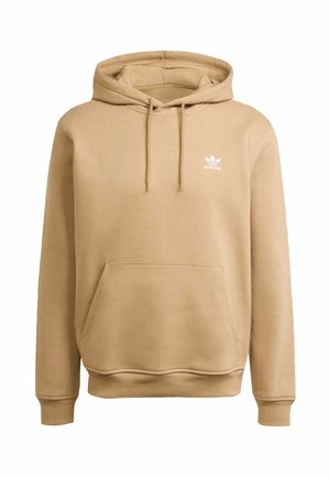 Tan hoodie with a drawstring hood, front kangaroo pocket, ribbed cuffs, and waistband. Features white Adidas logo on the chest. Cotton blend fabric.