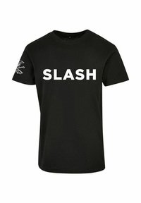 Svart bomull T-skjorte med fremtredende hvit "SLASH" tekst på forsiden og et lite grafisk design på venstre erme.