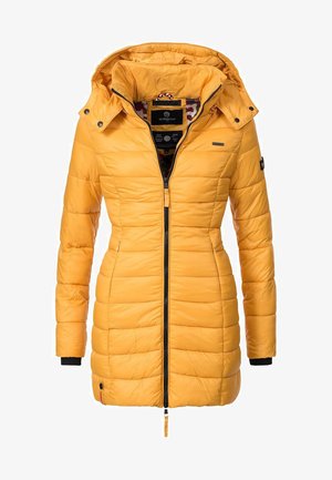 Yellow padded jacket with a hood, featuring a zip closure, side pockets, and ribbed cuffs; interior has a patterned lining and branding detail.