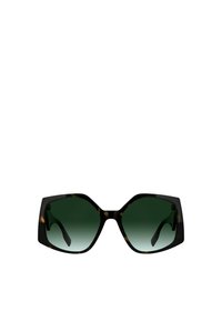 Zonnebril met zwart schildpadframe, grote hoekige vorm, gradient groene lenzen en slanke pootjes. Voorzien van een glanzende afwerking.