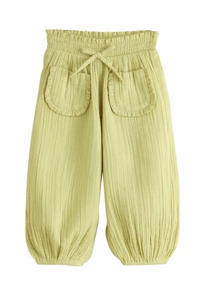 Hellgrüne, strukturierte, lockere Hose mit elastischem Bund, Kordelzug, zwei vorderen Taschen mit Rüschen und elastischen, gerafften Bündchen.