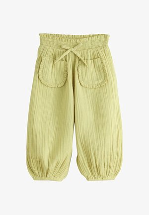Pantaloni larghi verde chiaro con motivo testurizzato, vita elastica, coulisse, due tasche frontali con volant e polsini elastici arricciati.