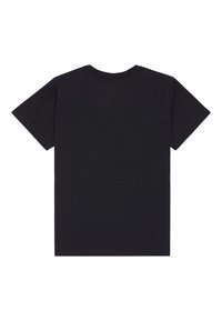 Camiseta de manga corta negra hecha de algodón, con cuello redondo clásico y un corte recto. Sin logotipos ni patrones visibles.
