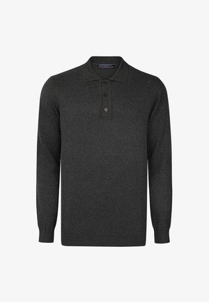 Mørkegrå langærmet polo-shirt lavet af struktureret stof, med en tre-knaps lukning, ribbet krave og ribbede manchetter.