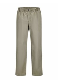 Pantalon en coton beige clair avec une taille élastique et une fermeture à bouton sur le devant. Jambes droites et coutures minimales à l'ourlet.