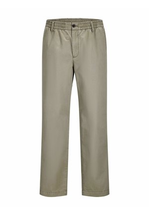 Light beige cotton pants with an elastic waistband and front button closure. Straight legs and minimal stitching at the hem.