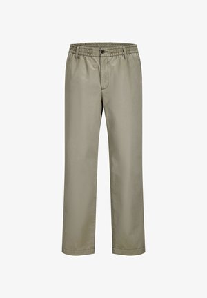 Šviesiai smėlio spalvos medvilninės kelnės su elastine juosmens juosta ir priekiniais mygtukais. Tiesūs kelnės kojų galai su minimaliais siuvimais krašte.