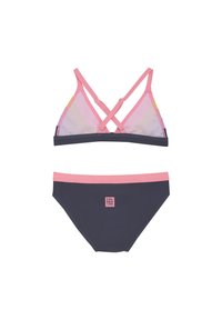 Bikini-Set mit rosa gekreuzten Trägern am Oberteil, navyfarbener Unterseite mit einem rosa Bund und Logodetail. Hergestellt aus dehnbarem Material.