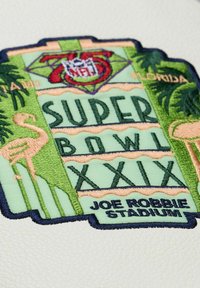Toppa ricamata con la scritta "Super Bowl XXIX" in verde e rosa, con un disegno di fenicottero, su uno sfondo chiaro e strutturato.