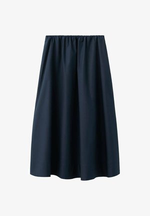 Laivastonsininen midi-hame, jossa on kerätty joustava vyötärönauha, sileä rakenne ja laskeutuva siluetti, jossa on hienovarainen A-linjainen muoto.