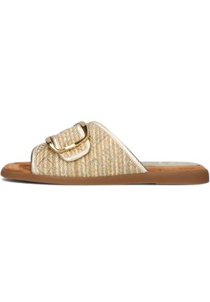 De slipper heeft een geweven beige bovenkant, een gouden gesp detail en een bruine outsole. Glad textuur met een open teen ontwerp.