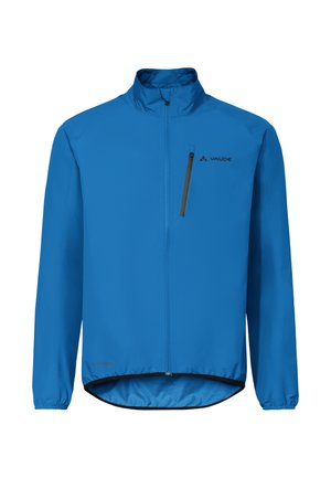 Blauwe lichtgewicht jas met volledige frontrits, opstaande kraag, borstzak met ritssluiting en elastische boorden.