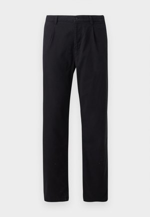Black trousers in cotton blend, featuring a classic straight leg design, button closure, and no visible patterns or embellishments.