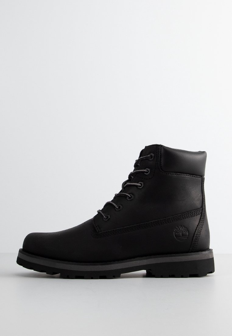 Black leather ankle boot with padded collar, lace-up front, and rugged sole, featuring Timberland logo on the side.