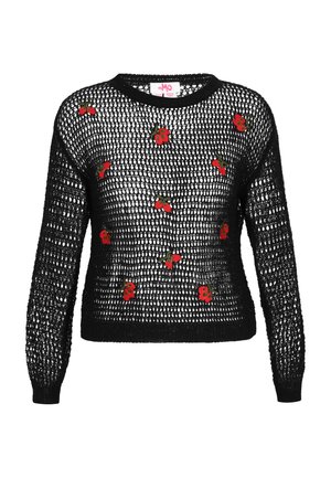Zwarte gebreide trui met een losse, open structuur. Voorzien van rode bloemige borduursels en een ronde halslijn. Lange, gestructureerde mouwen.