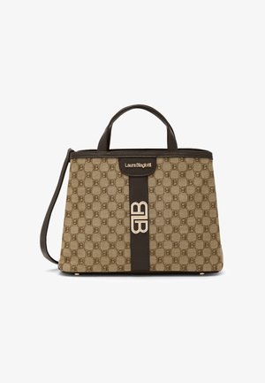 Borsa marrone con motivo a fantasia e forma strutturata, con dettagli in pelle scura, doppi manici superiori e tracolla staccabile.