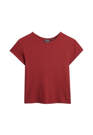 Rode t-shirt met korte mouwen van zachte katoen. Heeft een ronde hals en een klein logoaccent in de rechtsonderhoek.