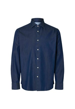 Donkerblauw denim overhemd met een button-down kraag, lange mouwen en een sluiting met knopen aan de voorkant. Soepele textuur met een klassiek ontwerp.