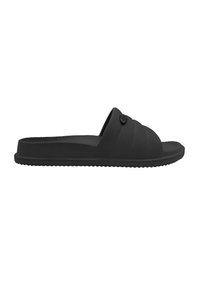 Black rubber slide sandal with a textured upper featuring overlapping straps and a round button detail. Flat sole with a patterned tread.