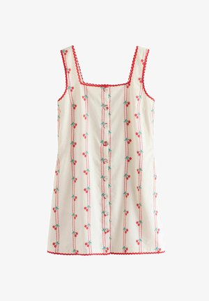 Witte jurk met rode bies, voorzien van kersenmotieven die verticaal zijn gerangschikt. Heeft een vierkante halslijn en een knoopsluiting aan de voorkant.