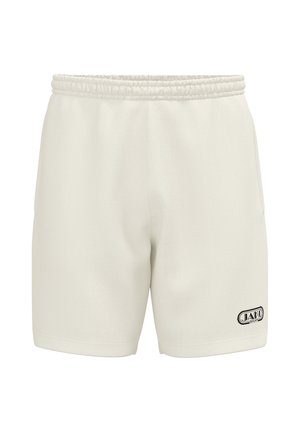 Enkle hvide atletikshorts med elastisk taljebånd og lille sort JAKO Sport-logo på venstre ben nederst.