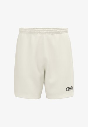 Einfache weiße Sportshorts mit elastischem Bund und kleinem schwarzem JAKO Sport-Logo am unteren linken Bein.