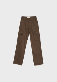 Bruine cargobroek met een recht model, voorzien van twee zijzakken, gemaakt van duurzaam katoenmateriaal en een klassieke tailleband.